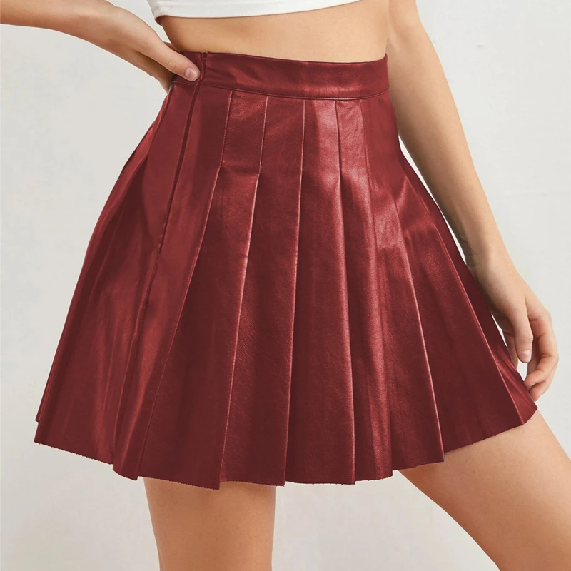 New PU Faux Leather Pleated Skirts Women Fashion Solid High Waist A-Line Mini Skirts Summer Spring Ladies Clubwear Skirts