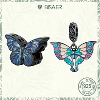 bisaer 925 sterling silver charm vintage black artistic butterfly pendant bead for women diy bracelets fine jewelry ecc2240
