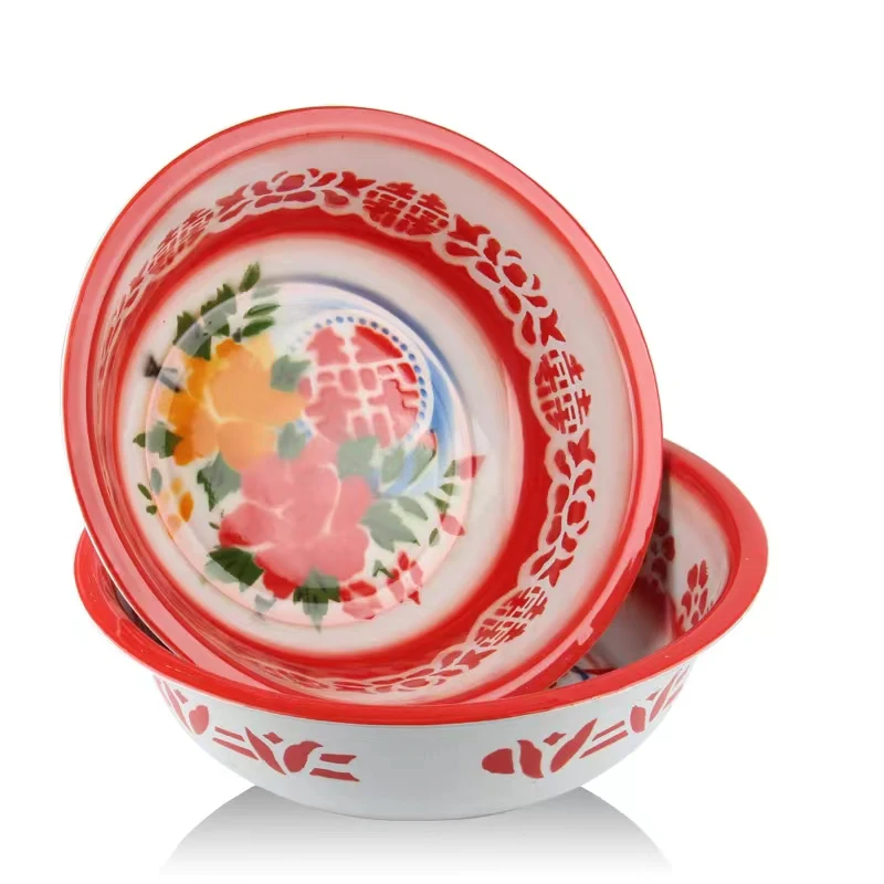 

Big Enamel Bowl Wash Basin With Chinese Retro Totem Double Happiness High Capacity Fruit Bowl Tableware Food Container Soup Pot