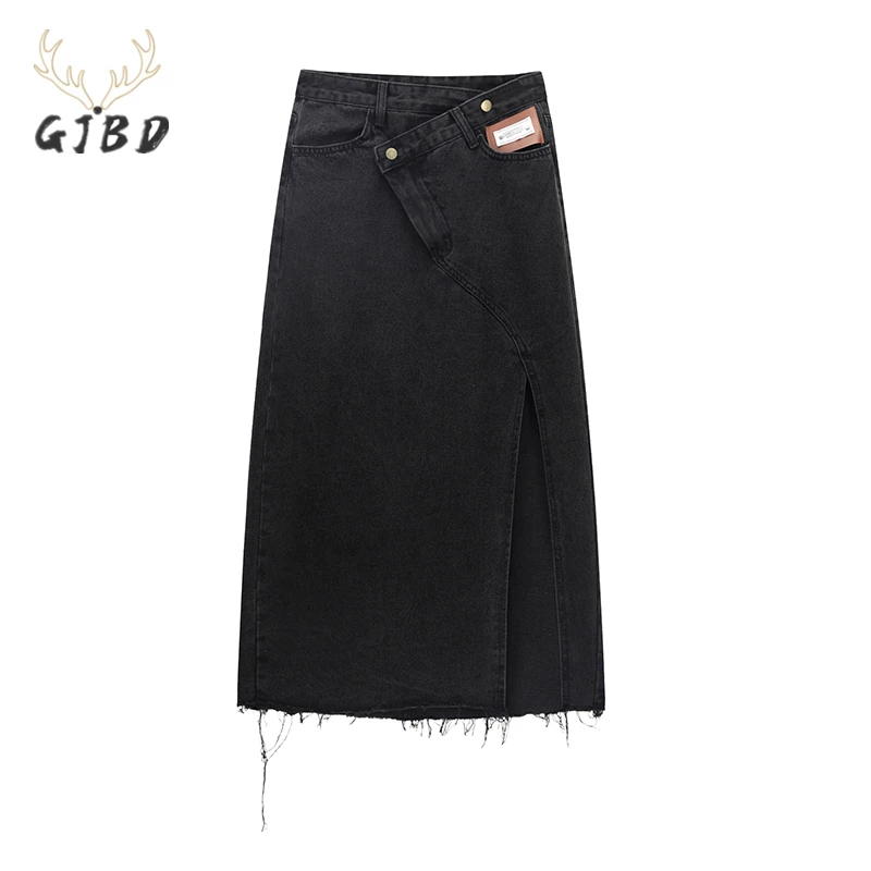 

Women Black Denim Half Body Skirt Irregular Diagonal Buckle High Waist Casual Korean Baggy Vintage Slit Long Skirt Ladies Summer