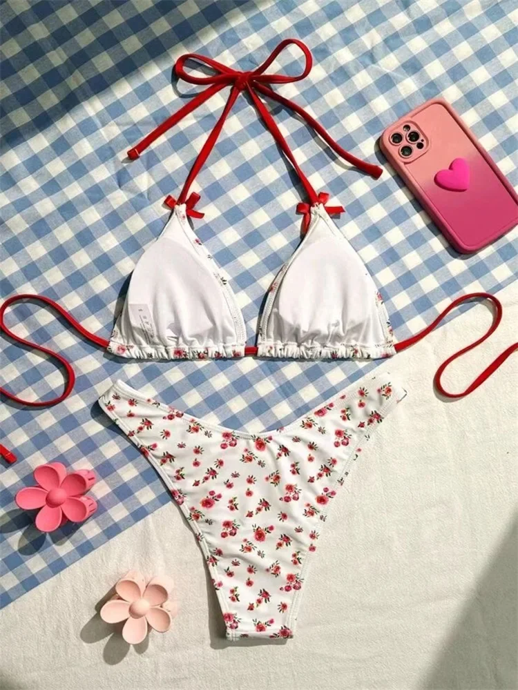 Треугольный комплект бикини бандажный купальник с цветочным принтом женский