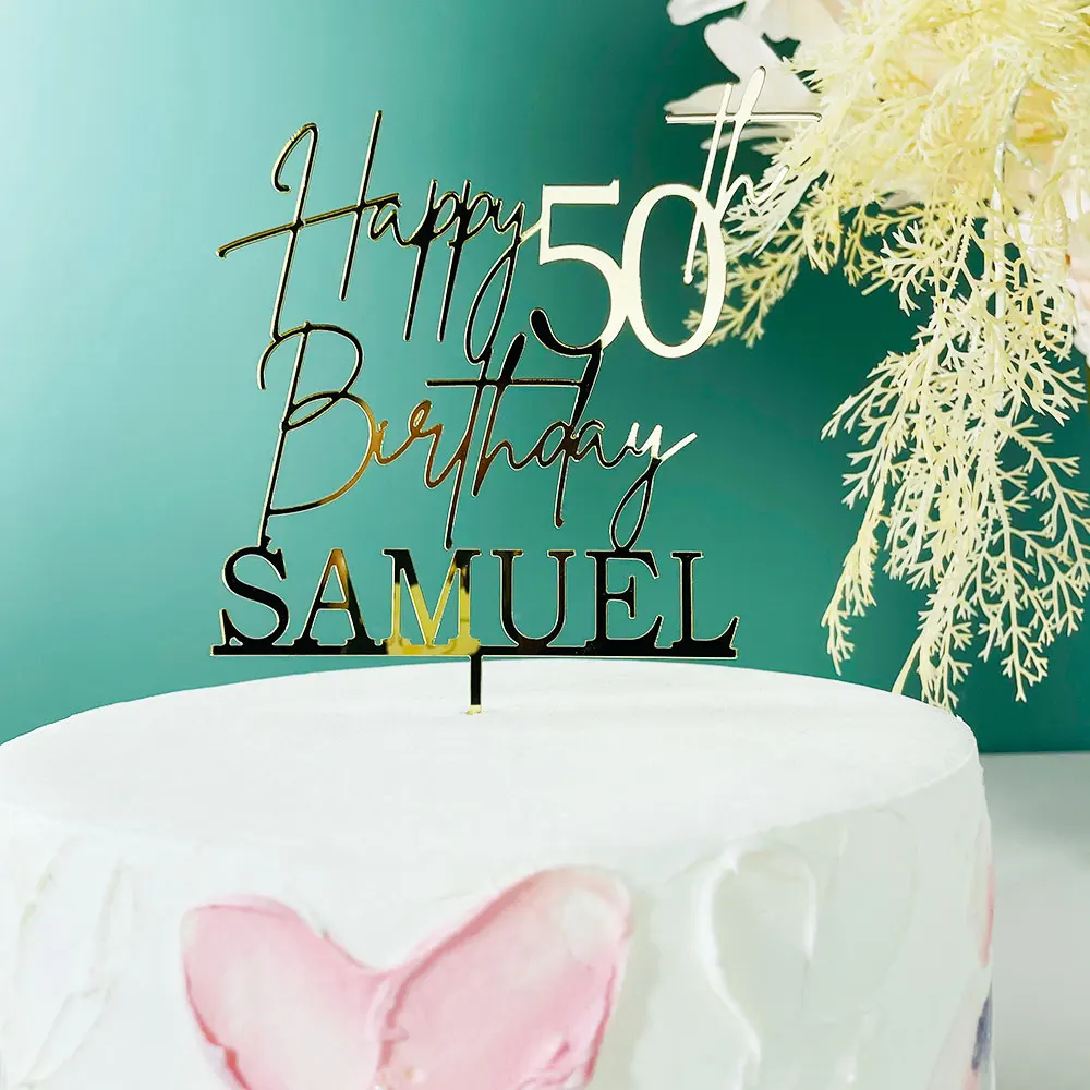 Изготовленный на заказ зеркало Happy Birtday с золотым именем акриловый топпер для