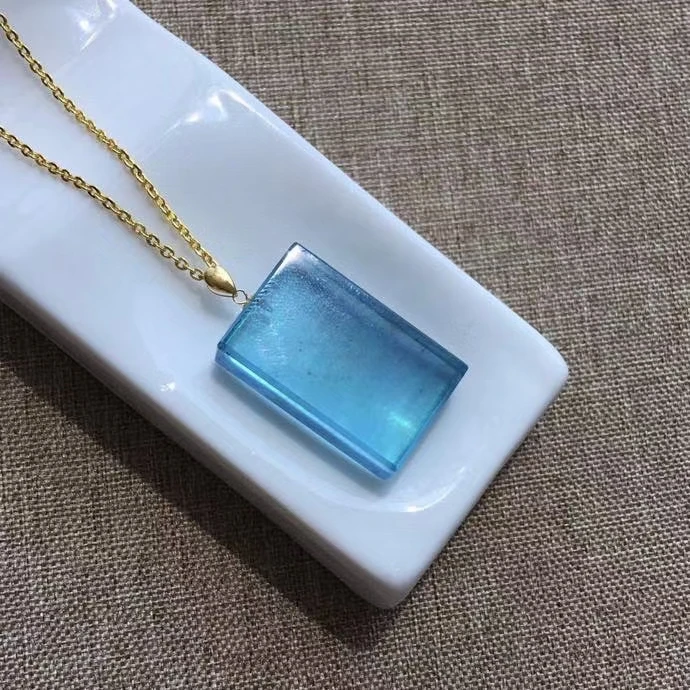 

Natural Blue Aquamarine Quartz Rectangle Pendant Carved 24*15*7mm Jewelry 18K gold Blue Aquamarine Oval Necklace AAAAA