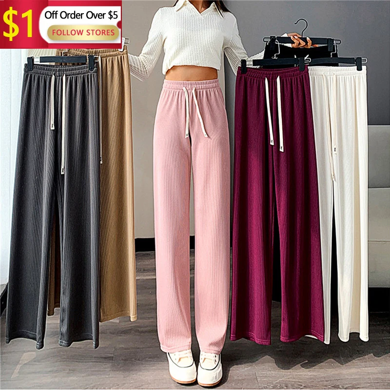 

Women Summer 2023 New High Waisted Folds Casual Wide Leg Pants Korean Fashion Solid Full Length Pants Baggy Joggers Slacks