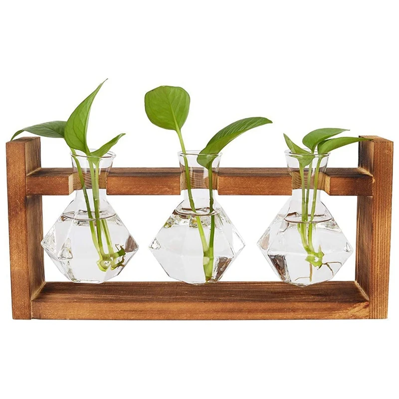

Настольные станции для распространения растений, ваза для цветов из алмазного стекла с твердой деревянной подставкой для гидропонных пневматических растений