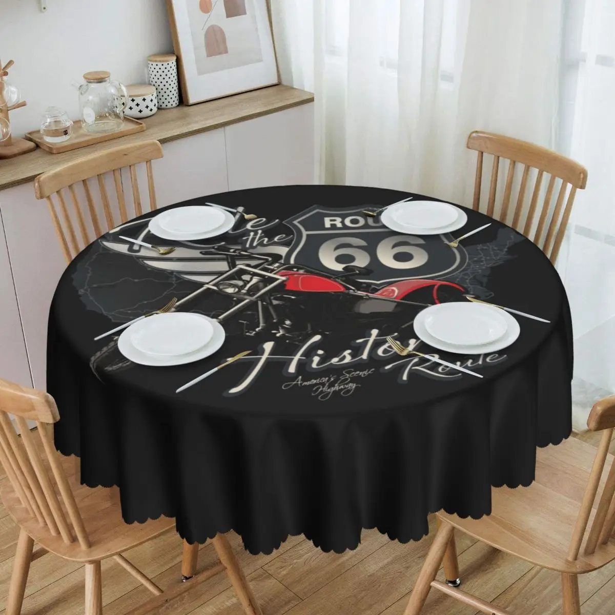 

Round Travel Motorcycle Ride The Historic Route 66 Tablecloth Waterproof Oil-Proof Table Cover USA America Highway Table Cloth