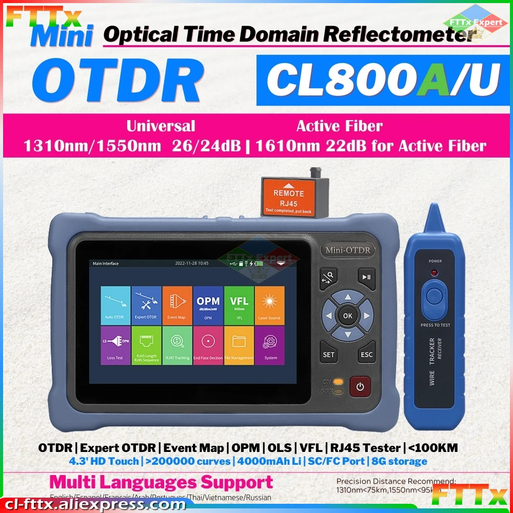 

100 км Мини OTDR 1310/Нм 26/24 дБ, рефлектометр, сенсорный экран, VFL OLS OPM, карта событий, тестер кабеля Ethernet