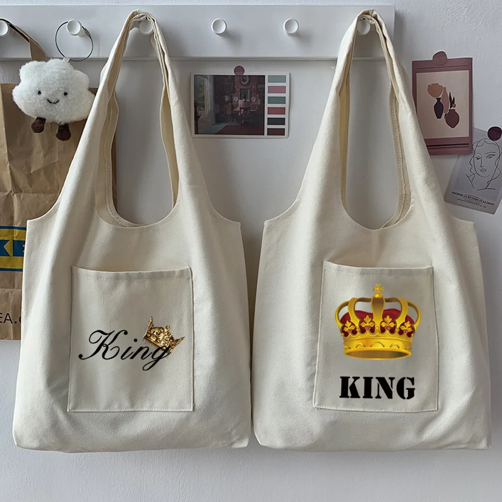 

2022 Shoulder Bag Women Shopper Canvas Tote Bag Female Queen Print Large Capacity Travel Grocery Bags Women Foldable Handbags