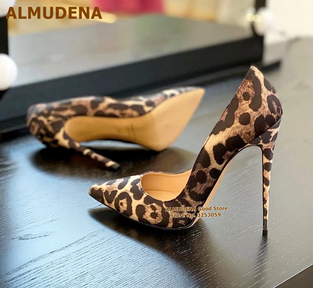 ALMUDENA Sexy Leopard Satin Cloth 12cm High Heel Shoes 10cm 8cm Stilettos Pointed Toe Slip-on Wedding Pumps Party Footwear US13
