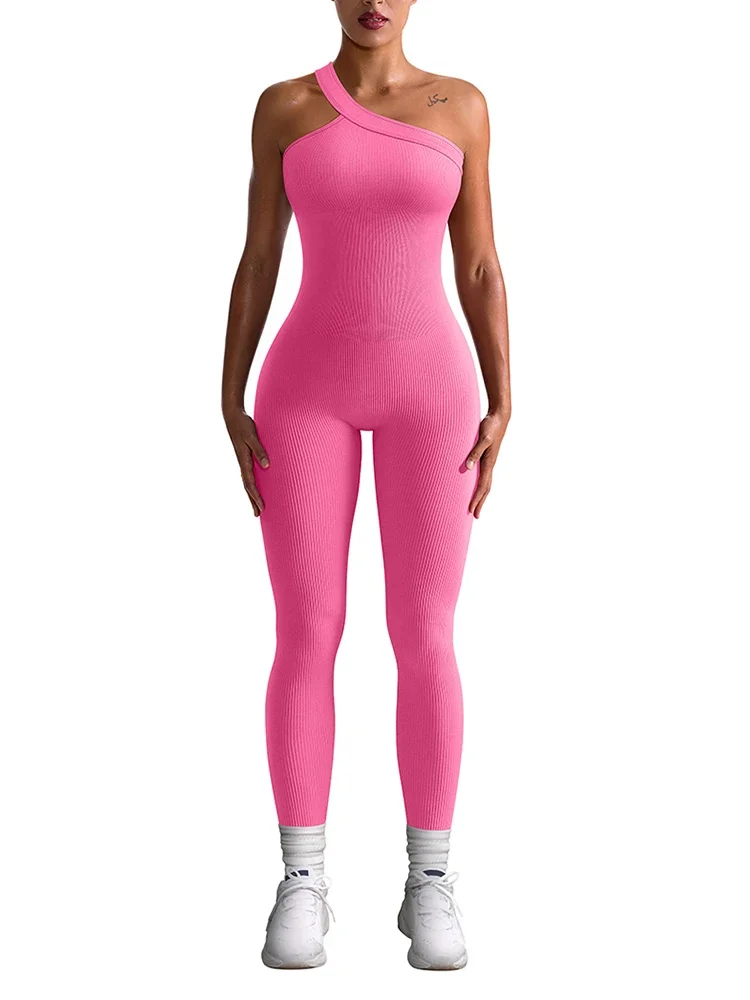 Новый осенний женский комбинезон в рубчик на одно плечо цельный бесшовный