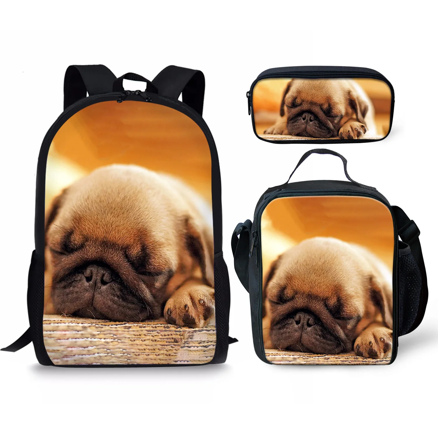 Adorable Pug Style Print New Large Schoolbag Pencil & Lunch Bag Student School Backpack Waterproof Capacity Primary Book Bags