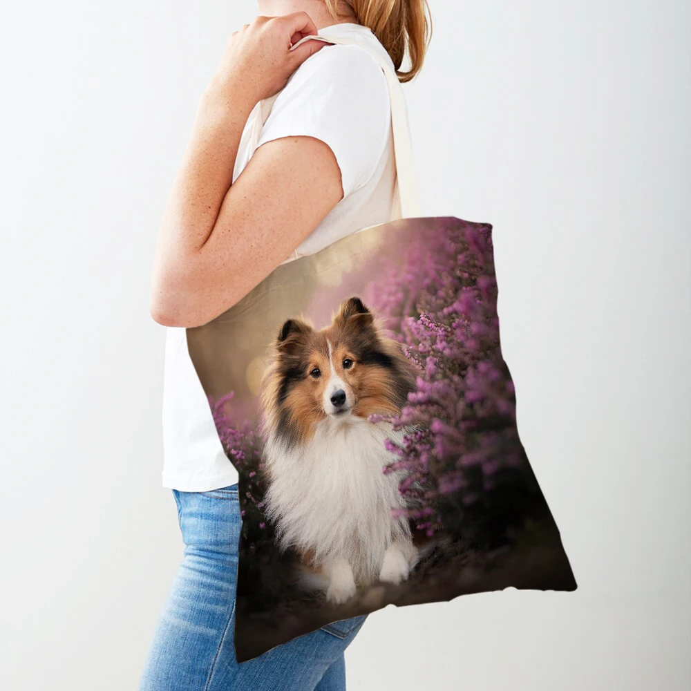 

Casual Shetland Sheepdog Dog Shopping Bags for Women Pet Animal Foldable Shopper Bag Fashion Travel Tote Shoulder Handbag