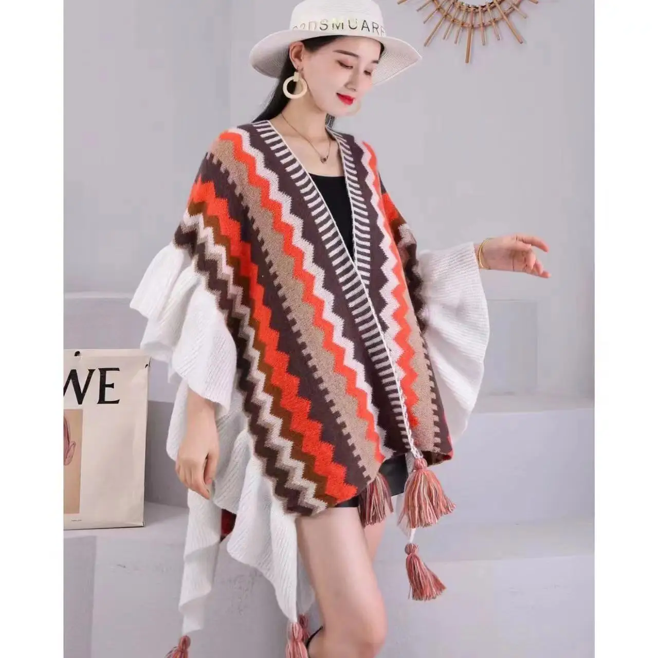 Женские теплые шали накидки вязаный свитер в этническом стиле пончо с кисточками