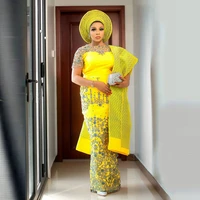 customized yellow sequined short sleeved prom dress beaded lace banquet party show aso ebi style evening dress