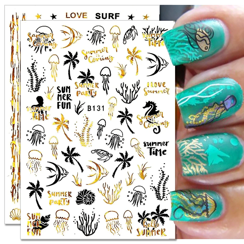 Летние наклейки для ногтей черные золотые пляжные океанские кокосовое дерево