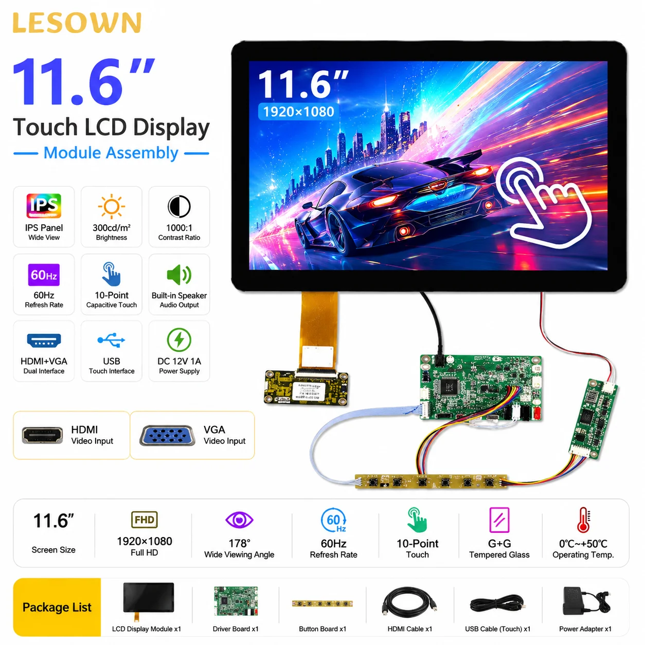 Фото Модуль дисплея LESOWN 11,6 дюйма, экран FHD 300 нит с платой драйвера, Plug & Play, 10-точечный сенсорный экран №1