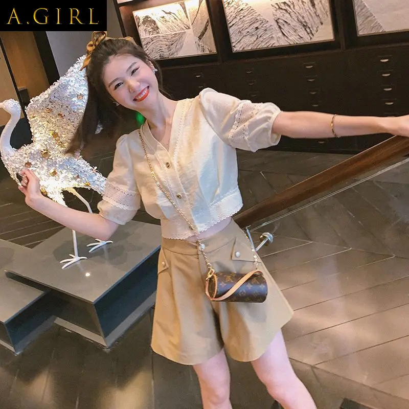 

Shorts Sets Women Wide Leg High Waist 2022 Summer Crop Shirts Outfits Hollow Out Elegant Sweet Mujer Korean Style New Arrival