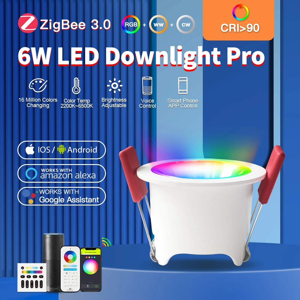 

Gledopto ZigBee 3.0 RGB CCT LED Downlight CRI 90 Smart Light Work with Echo Alexa Tuya SmartThings 2.4G RF Remote Voice Control