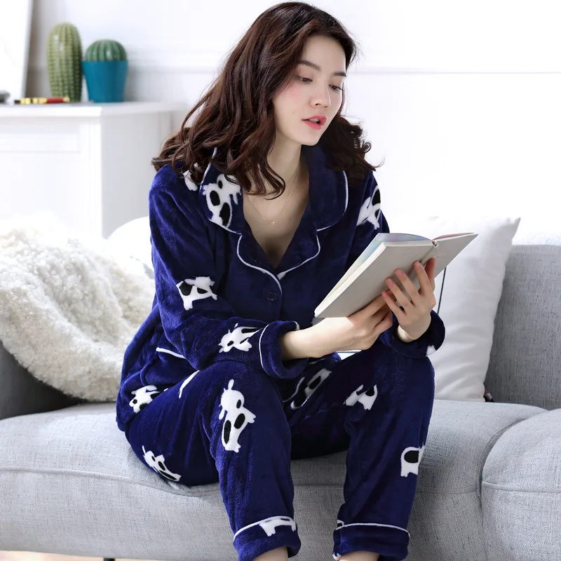 Womens Flannel Purple Pajamas Pyjamas Sets Long Sleeve Sleepwear Pijama Pajamas Suit Female Sleep Two Piece Set Loungewear