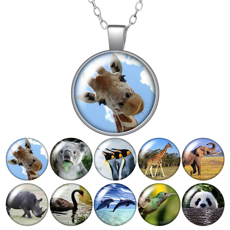 

Animals giraffe panda Swan elephant Round Pendant Necklace 25mm Glass Cabochon Women Girl Jewelry Party Birthday Gift 50cm