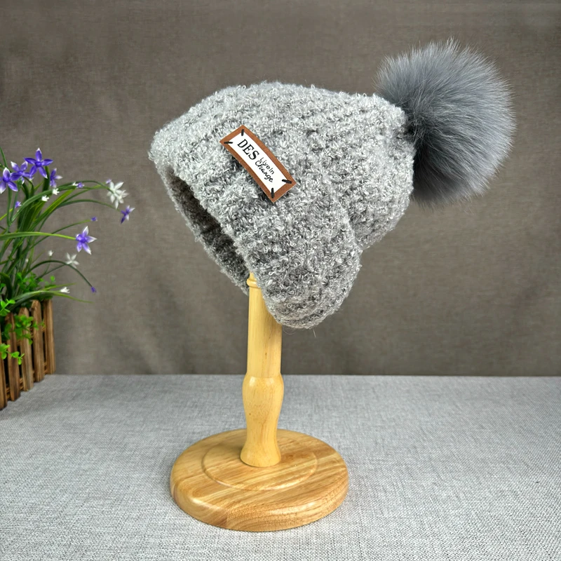 Теплая Шерстяная Вязаная Плюшевая Шапка-бини С Помпоном Из Натуральной Лисы