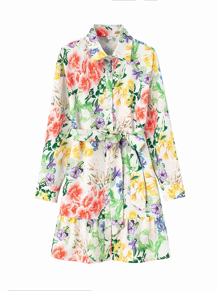 

Весна 2022 женские модные платья с оборками на подоле винтажное платье с цветочным принтом с поясом, отворотом, длинным рукавом, рубашка на пу...