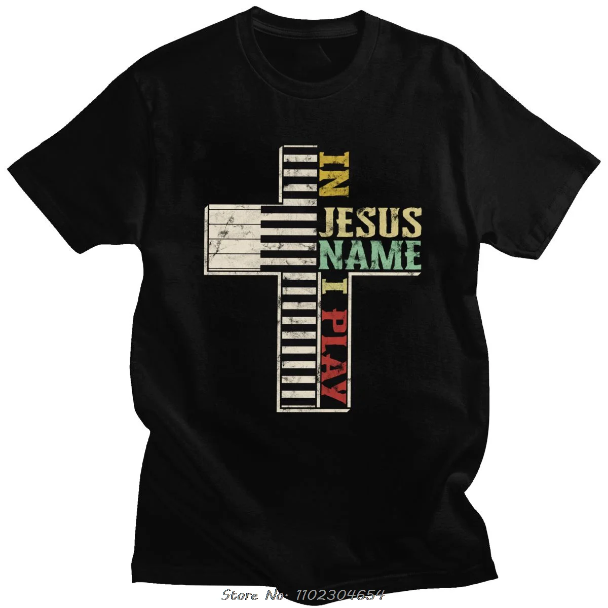 

Retro In Jesus Name I Play T Shirt Men Short Sleeve Christian Music Tshirt Christ Cross Piano Lover T-shirt Cotton Tee Top Gift