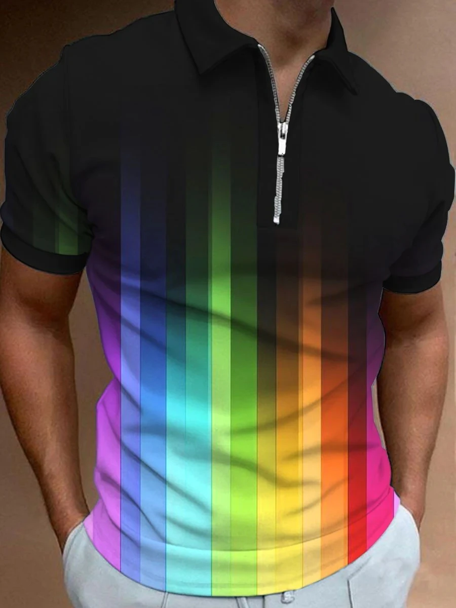 

Men's Rainbow Gradient Art Print Polo Shirt 3D Printed Zip Up Polo Shirt Casual Collar Regular Fit Polo Shirt