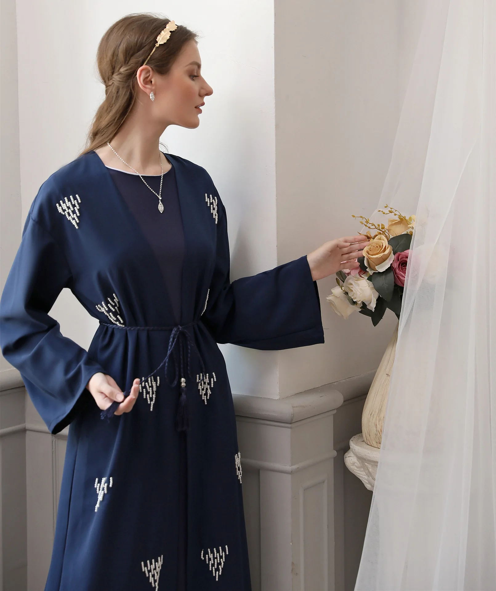 Blue Bleads Open Kimono Women Muslim Abaya Dubai Kaftan Islamic Clothing Evening Party Gown Caftan Marocain Djellaba Eid Ramadan