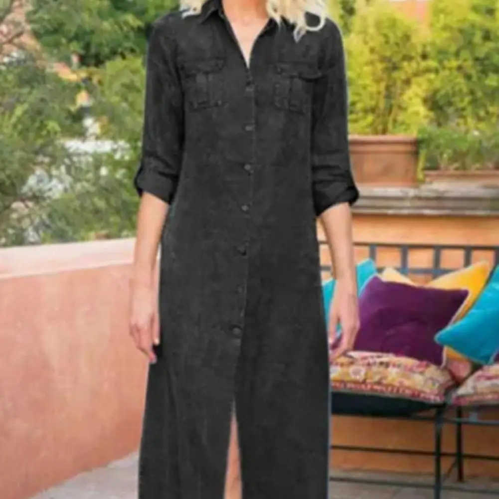 Женское джинсовое платье-рубашка однотонное длинное с отложным воротником