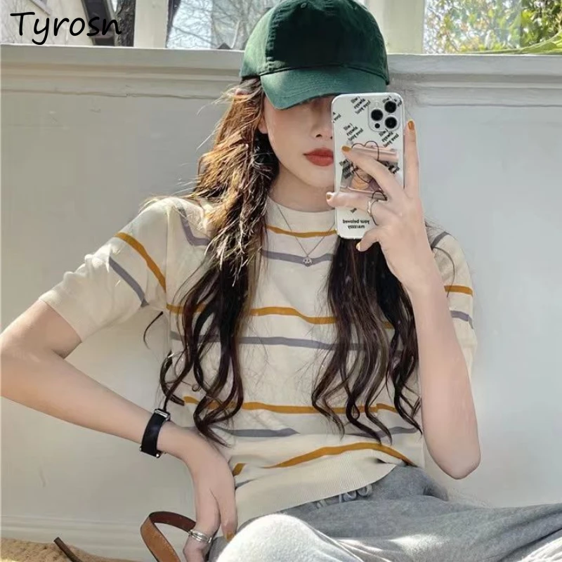 

Полосатые футболки для женщин, простой Универсальный базовый дизайн, Повседневная Уличная одежда Ulzzang с круглым вырезом, летняя модная повс...