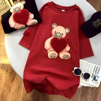 new summer fashion sanding heavy industry beading embroidery bear foreign style red half sleeved t shirt women