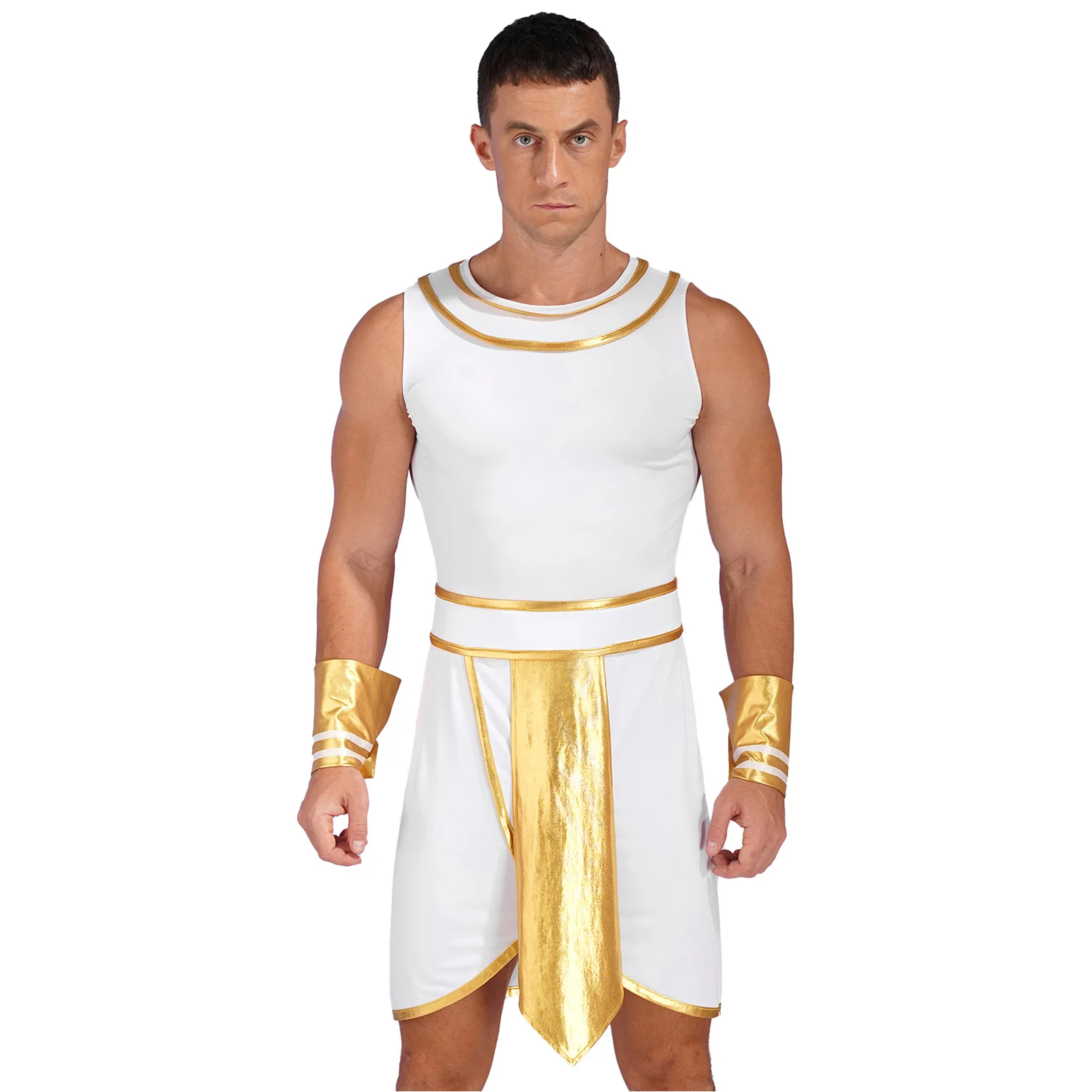 

Mens Egyptian Pharaoh Costume Set Sleeveless Round Neck Dress with Cuffs And Snake Head Style Hat for Halloween Cosplay Party
