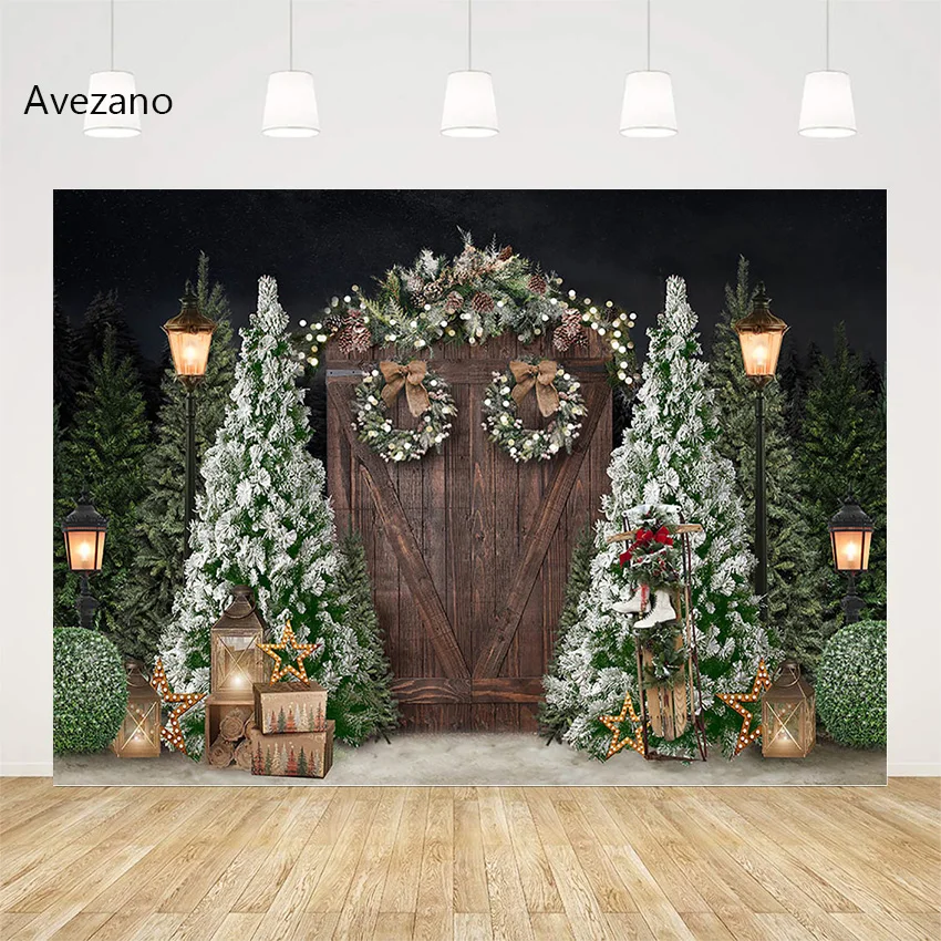 

Avezano Рождественские фоны для фотографии 2023 сосновая дерево деревянная дверь свет зима ребенок праздник Портрет фон Декор