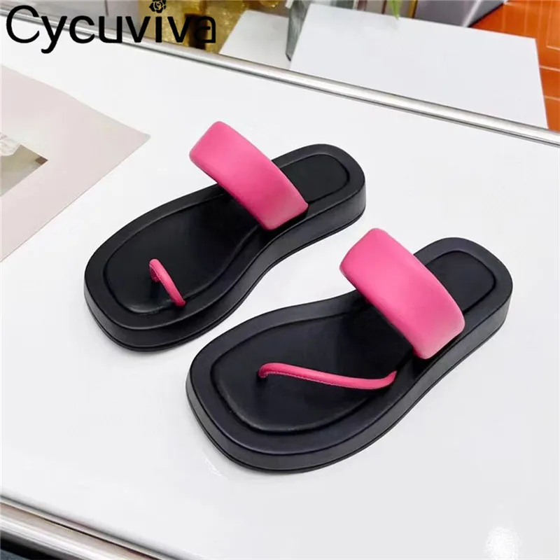 

New Flip Flops Mules Women Slippers Rose Red Casual Flats Slides Ladies Leather Beach Shoes Platform Summer Shoes Woman