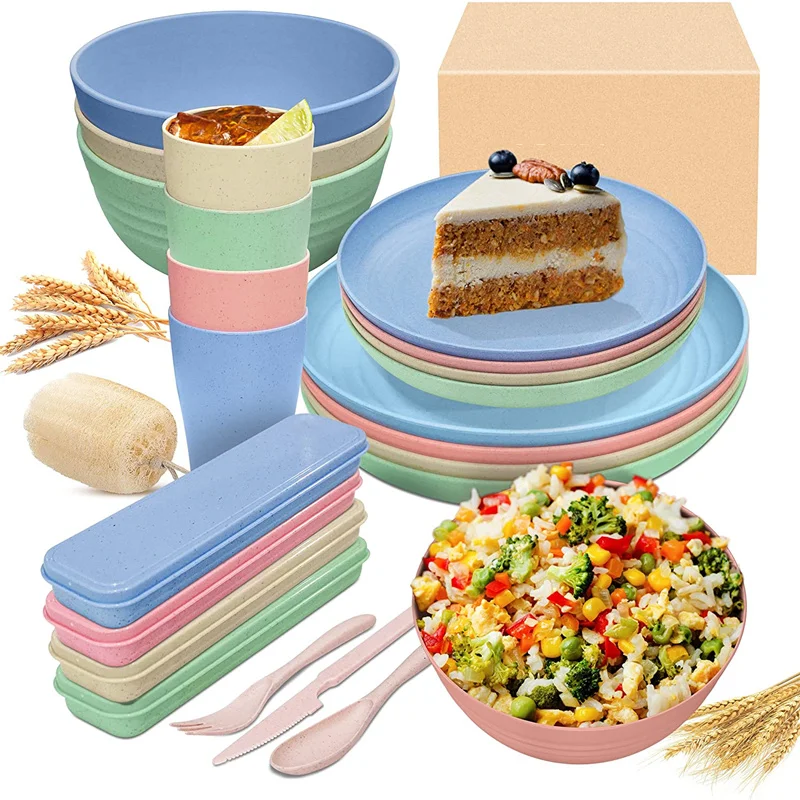32PCS Wheat Straw Dinnerware Sets Unbreakable Dinner Plates Bowls Cultery Dishwasher Microwave Safe Healthy for Kids