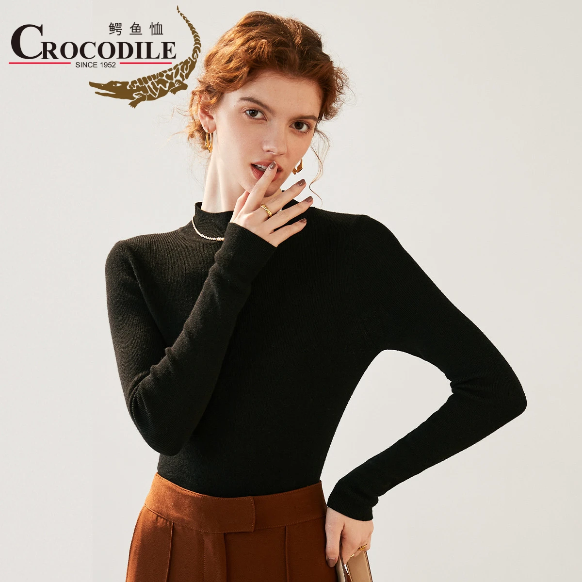 

Crocodile 2022 Winter Newest Mock Neck Long-Sleeved Slim Knitted Pullovers Solid 6 Colors Women's Cashmere Sweater Basic Tops