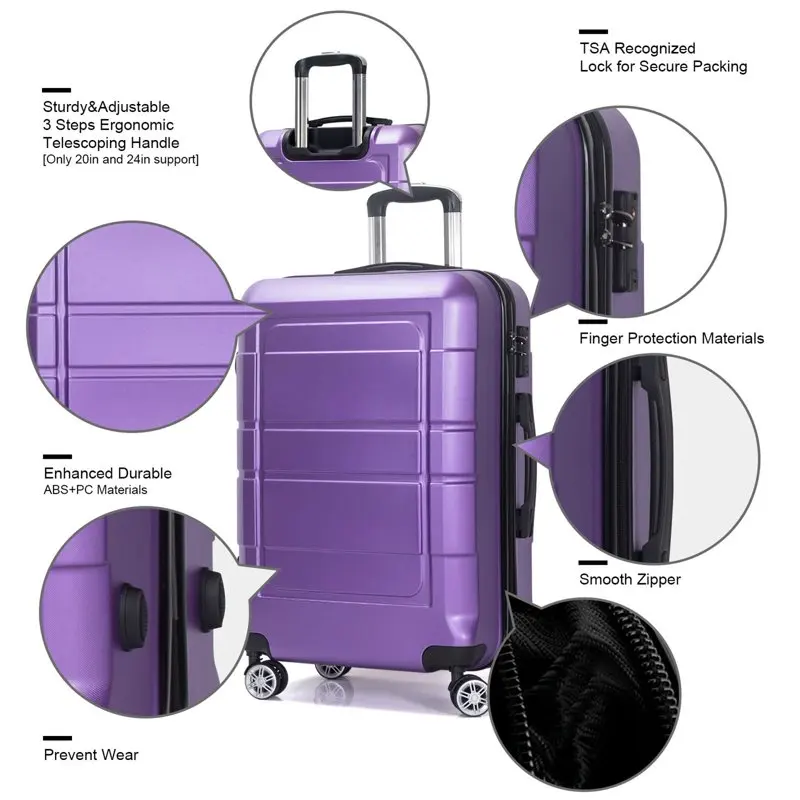 20 Inch Carry On Luggage, TSA Lock, Travel Suitcase with Spinner Wheel, Purple