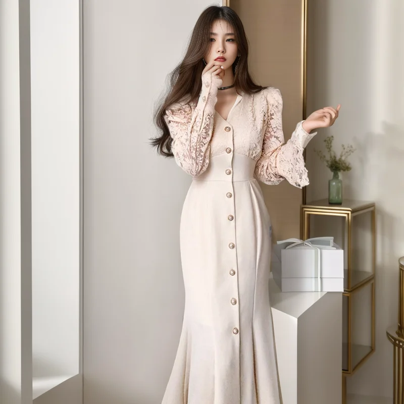 

French Lace Dress Women Elegant Fashion Party Korean One Piece 2023 Luxury Dress Long Sleeve Spring Autumn Dresses 2023 2024
