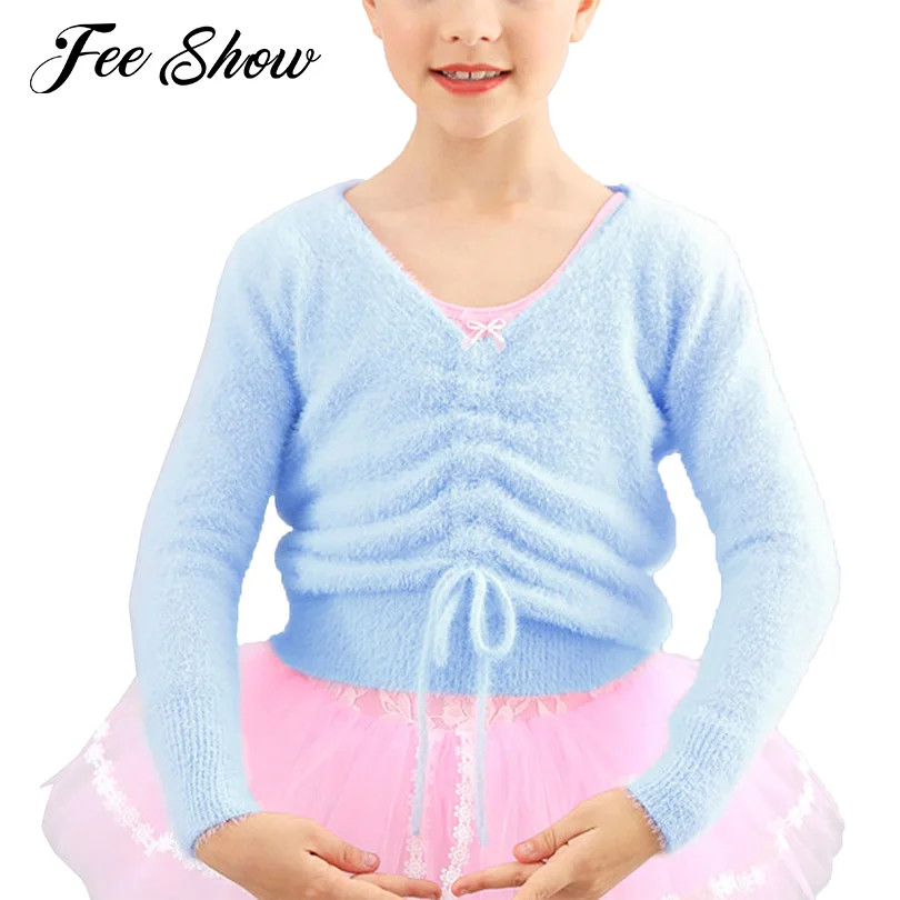 

Kids Girls Keeping Warm Ballet Dance Layering Sweater Long Sleeve Drawstring V Neck Pullover Yoga Training Sweater Top Outerwear