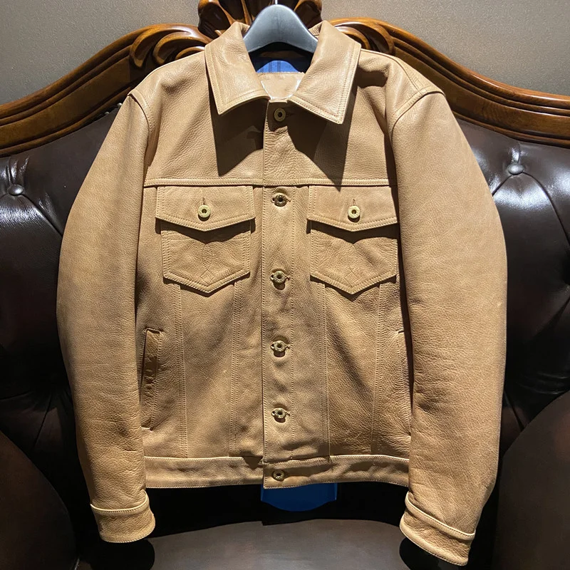 

Free Shipping Jeans Top Quality Cowhide Motorcycle Light Yellow Men Jacket Genuine Leather New Arrival Cowboy