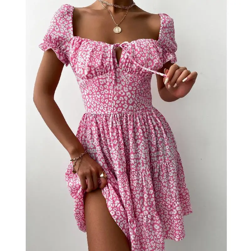 

Dresses Summer 2022 Woman Elegant Casual New Temperament Sexy Print Lace-up Stitching Backless Zipper Pullover Short Skirt