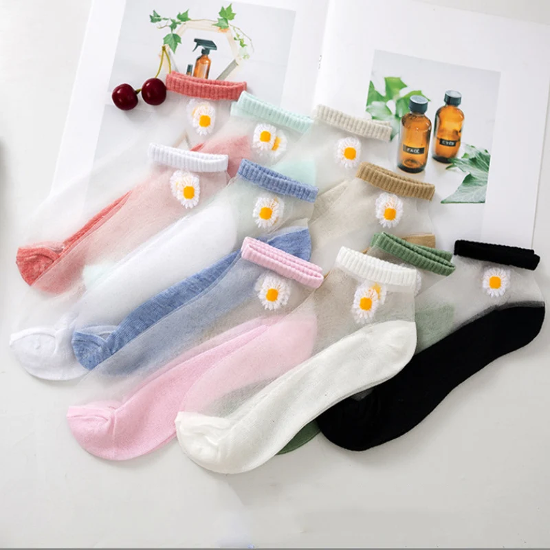 5Pairs Summer Women Socks Crystal Silk Daisy Sock Invisible Breathable Casual Socks Comfortable Cotton Ankle Sock for Women