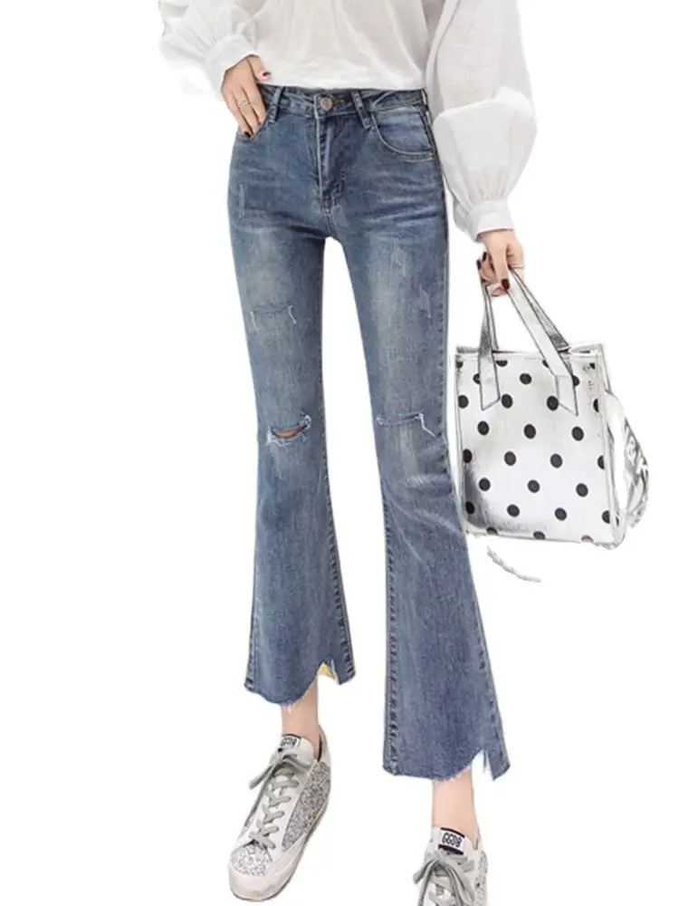

S-5XL all-match jeans 2022 summer new high-waist ripped micro-flare jeans straight-leg nine-point pants fashion women's clothing