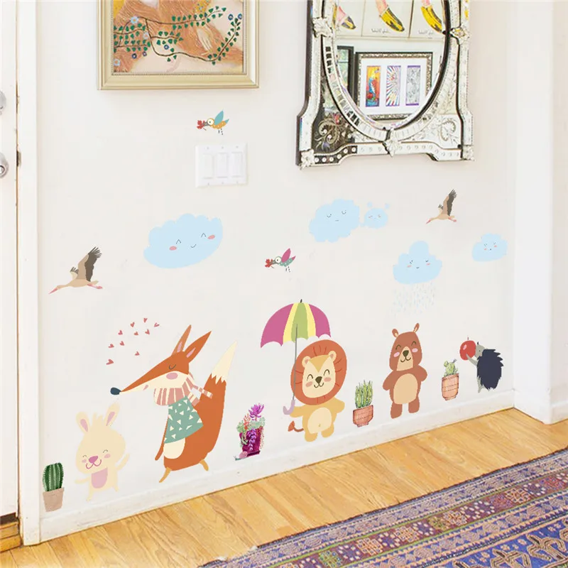 

Cartoon Animal Wall Stickers For Kindergarten Kids Room Home Decorations Lion Bear Fox Safari Mural Art Diy Pvc Decal Poster