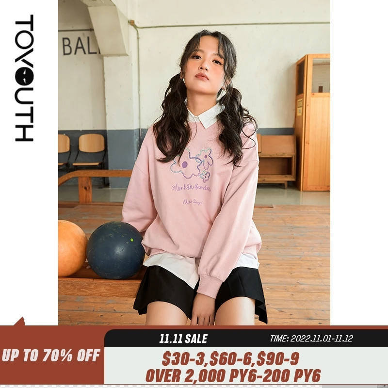 

Toyouth Women Pullovers Sweatshirt Spring Autumn Long Sleeve Round Neck Loose Hoodies Embroidered Flower Print Casual Tops