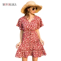 movokaka summer holiday women sexy mini dress beach casual party red printing ruffles vestidos flare sleeve slim vintage dresses