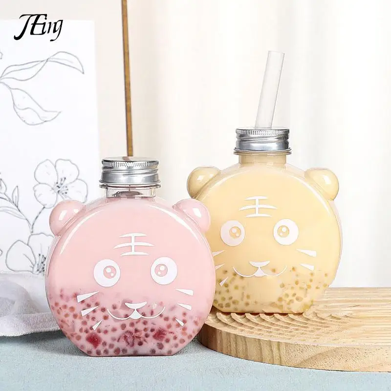 Beverage Pet Water Bottle  Bear Tiger Bottles Disposable Takeaway Coffee Bottles With Lids
