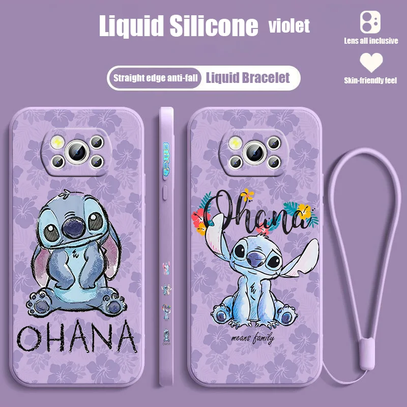 

Disney Stitch Flowers For POCO C55 C50 C40 M5S M4 M3 F4 F3 X5 X4 X3 X2 NFC GT Pro Liquid Left Rope Lanyard Phone Case