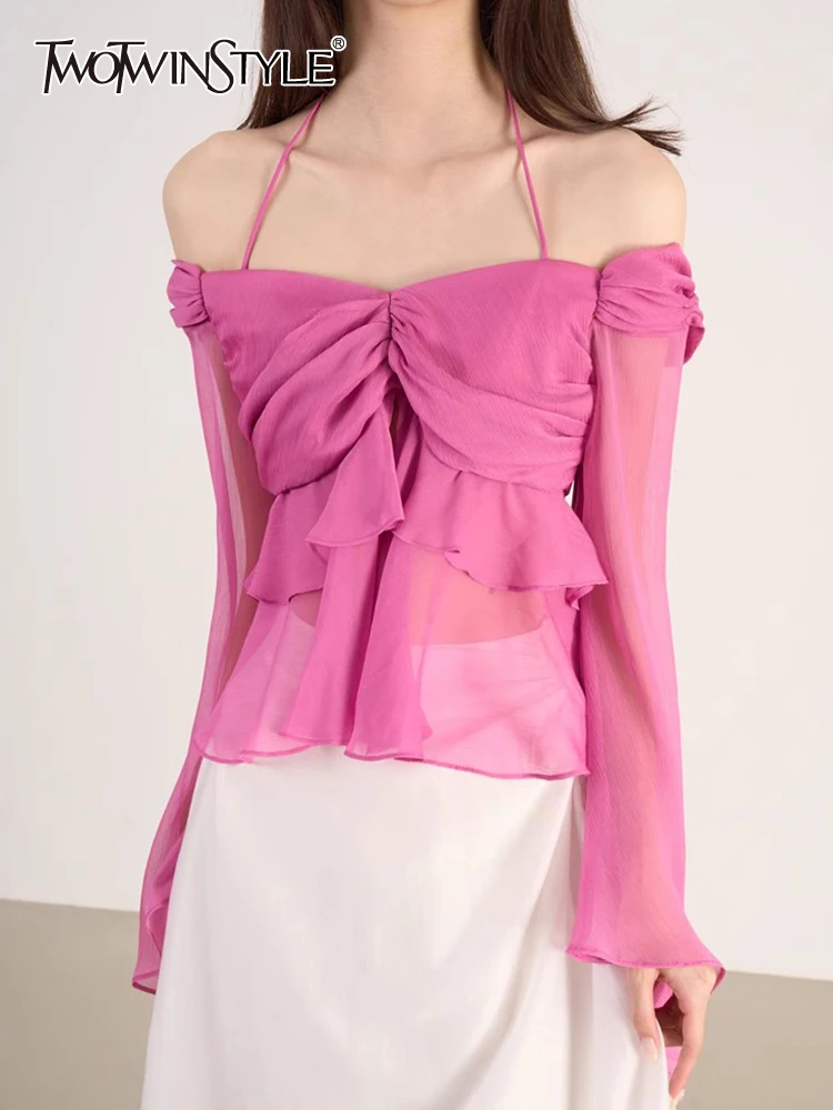 

TWOTWINSTYLE Solid Casual Shirts For Women Slash Neck Cold Shoulder Flare Sleeves Patchwork Folds Temperament Shirt Female 2023